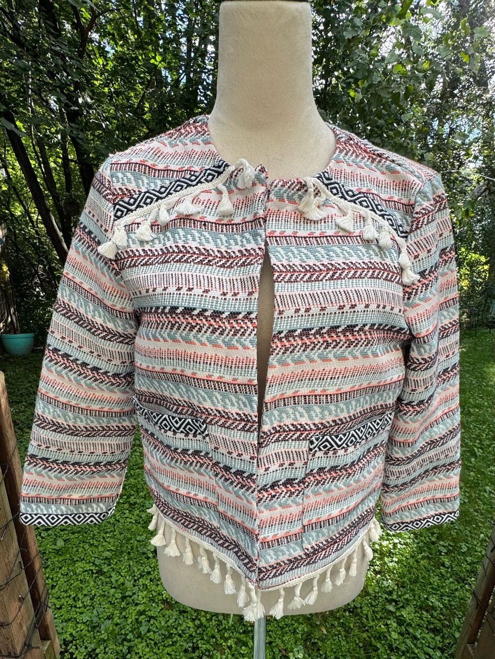 Jack by BB Dakota Blazer Jacket Womens Open Front Pockets Multicolor Aztec MED